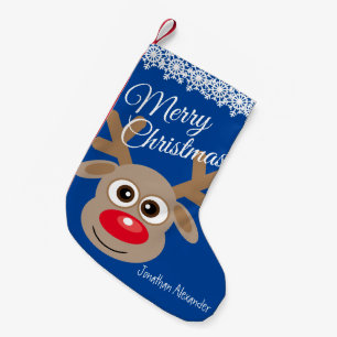 Cute Christmas Cartoon Reindeer Blue Name Small Christmas Stocking