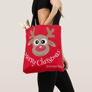 Cute Christmas Cartoon Reindeer Red Tote Bag