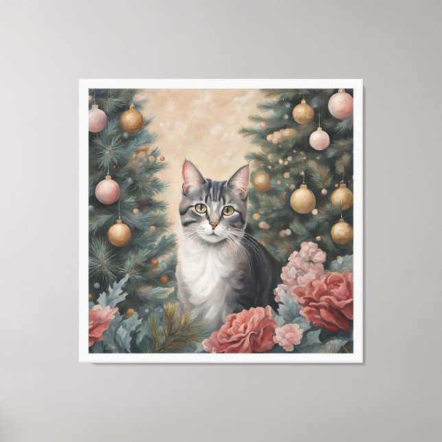 Cute Christmas Cat Amid Flowers and Trees Canvas Print (Front)