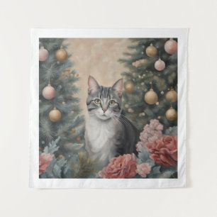 Cute Christmas Cat Amid Flowers and Trees Tapestry