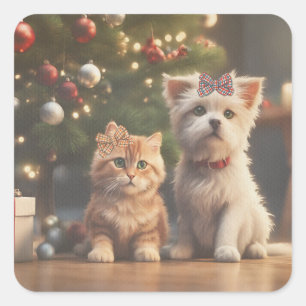 Cute Christmas Cat and Dog Lover Gifts Square Sticker