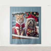 Cute Christmas Cat and Dog Sailing Vintage