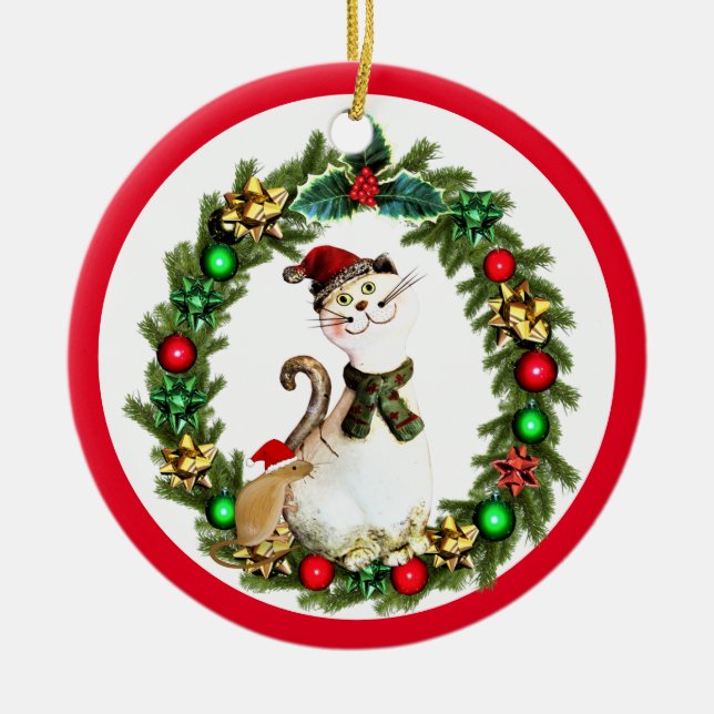 Cute Christmas Cat and Mouse Ceramic Ornament (Front)