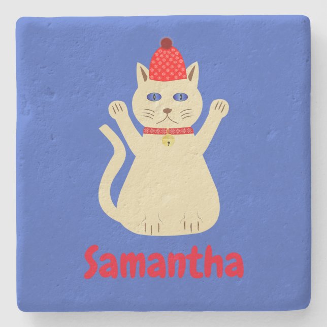 Cute Christmas Cat Custom Name Stone Coaster (Front)