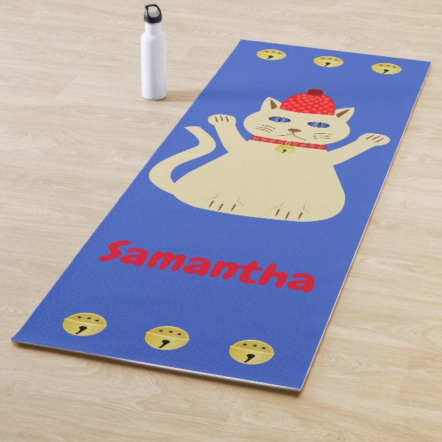 Cute Christmas Cat Custom Name Yoga Mat (In Situ)
