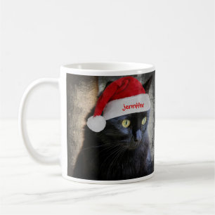 Cute Christmas Cat, Customized w Name on Santa Hat Coffee Mug
