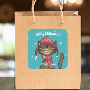 Cute Christmas Cat Holiday Personalized  Square Sticker