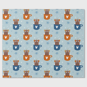 Cute Christmas Cat in a Mug Blue Snowflake Wrapping Paper