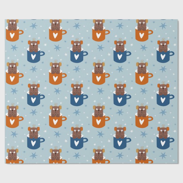 Cute Christmas Cat in a Mug Blue Snowflake Wrapping Paper (Flat)