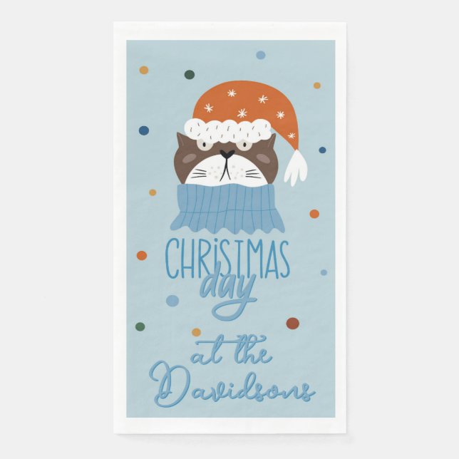 Cute Christmas Cat in Cozy Knits Blue Napkin (Front)