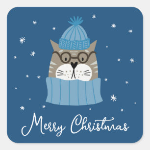 Cute Christmas Cat in Cozy Knits Snowflakes Blue Square Sticker
