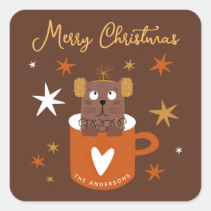Cute Christmas Cat in Mug Stars Gold Brown Square Sticker