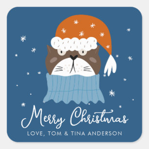Cute Christmas Cat in Santa Hat Snowflakes Blue Square Sticker