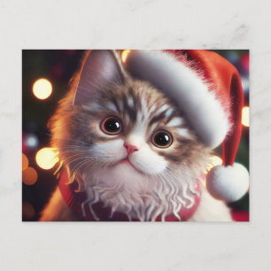 Cute Christmas Cat in Santa's Red Hat  Holiday Postcard