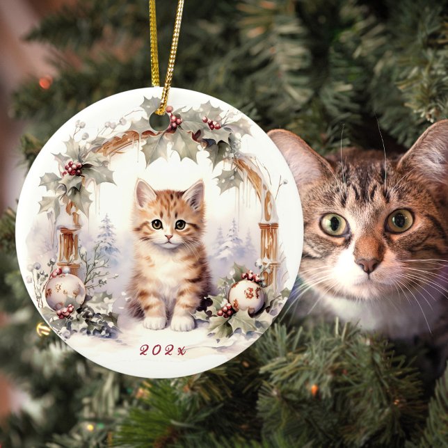 Cute Christmas cat kitten animal  Ceramic Ornament (Cute tabby kitten personalized Christmas ornament for cat lovers)