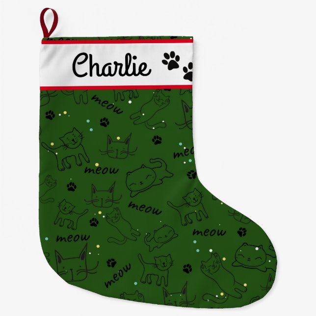 Cute Christmas Cat Lover Cat Gift Large Christmas Stocking (Front)