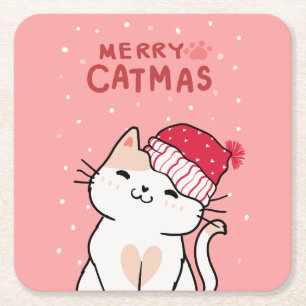 Cute Christmas Cat Merry Catmas Santa Hat Kitten Square Paper Coaster