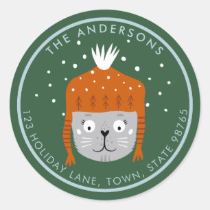 Cute Christmas Cat Orange Hat Green Customizable Classic Round Sticker