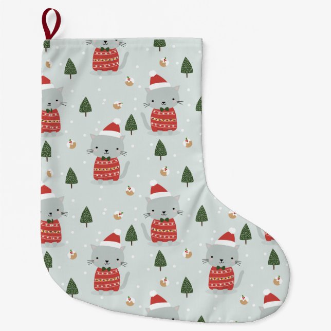 Cute Christmas Cat Pattern – Festive Holiday  Large Christmas Stocking (Front)