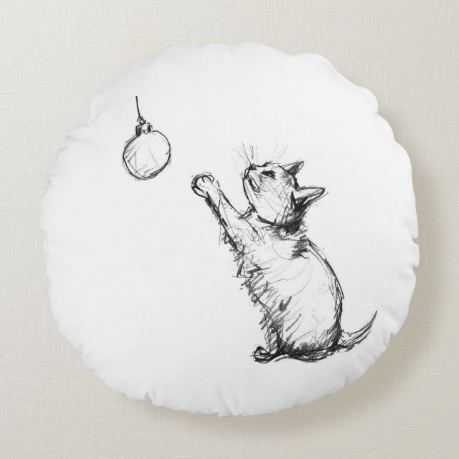 Cute Christmas Cat Reaching for Ornament Round Pillow (Front)