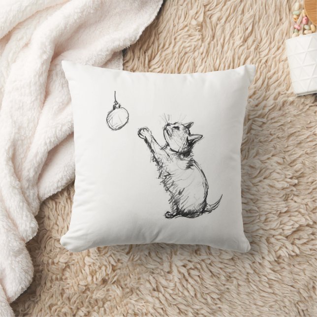 Cute Christmas Cat Reaching for Ornament Throw Pillow (Blanket)