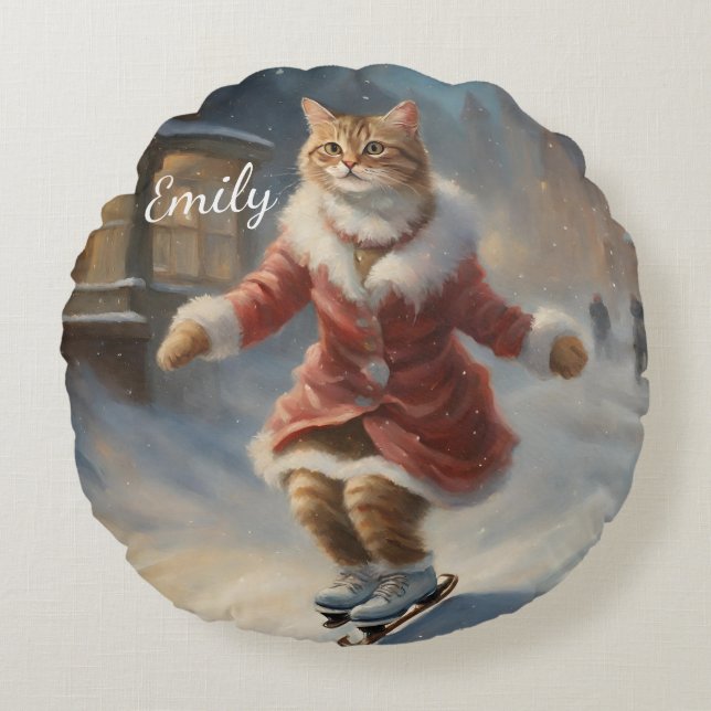 Cute Christmas Cat Skating Playfully Couch Round Pillow (Front)