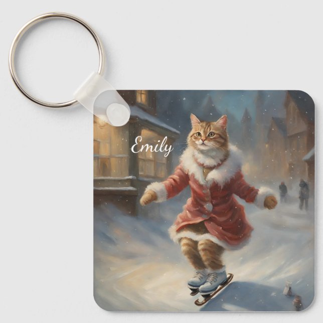 Cute Christmas Cat Skating Playfully Keychain (Front)