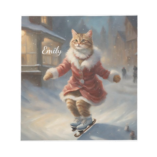 Cute Christmas Cat Skating Playfully Notepad (Front)