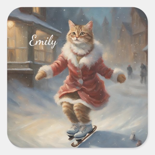 Cute Christmas Cat Skating Playfully Square Sticker (Front)