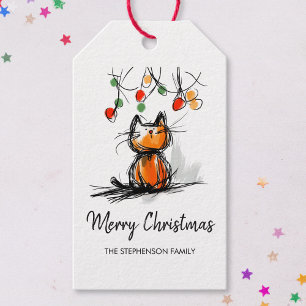 Cute Christmas Cat Sketch Illustration Gift Tags