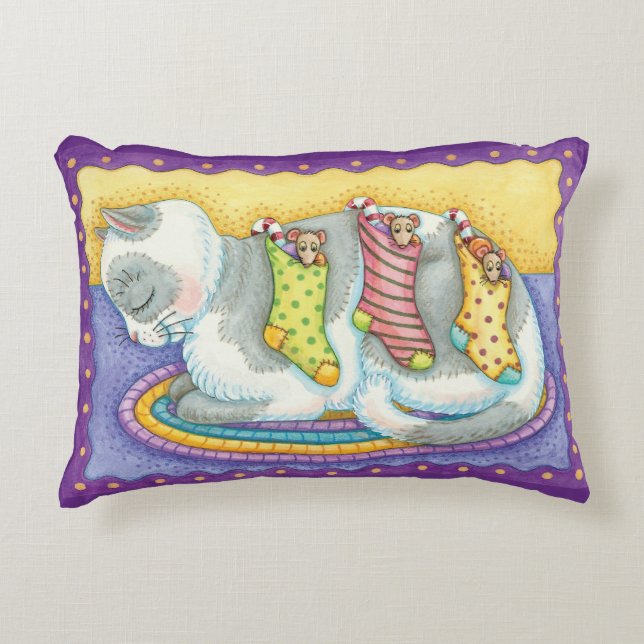 Cute Christmas Cat Sleeping with Mice in Stockings Accent Pillow (Front)