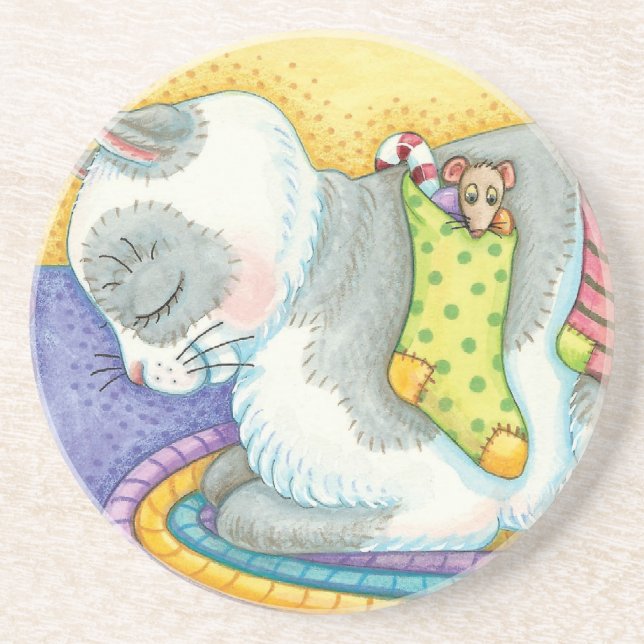 Cute Christmas Cat Sleeping with Mice in Stockings Coaster (Front)