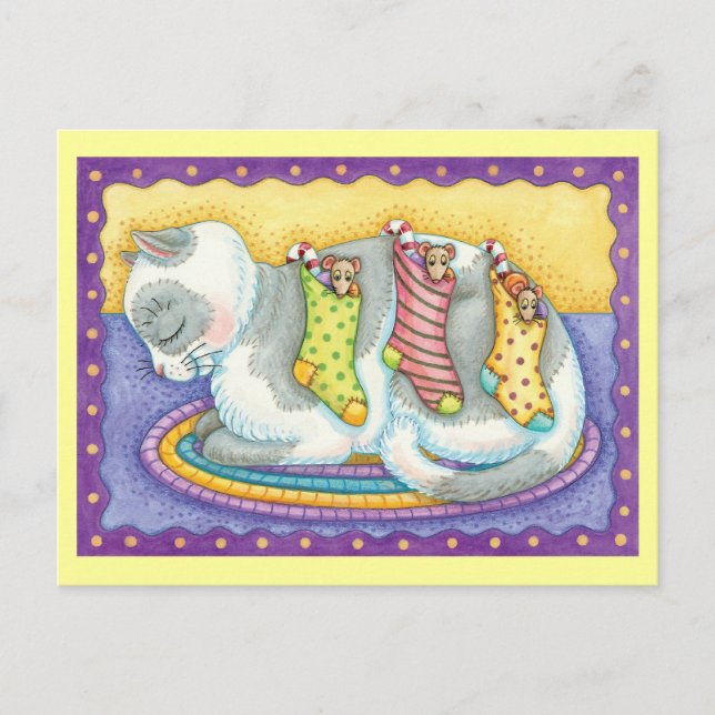 Cute Christmas Cat Sleeping with Mice in Stockings Holiday Postcard (Front)