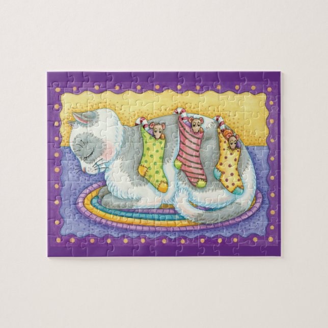 Cute Christmas Cat Sleeping with Mice in Stockings Jigsaw Puzzle (Horizontal)
