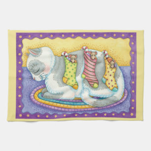 Cute Christmas Cat Sleeping with Mice in Stockings Kitchen Towel