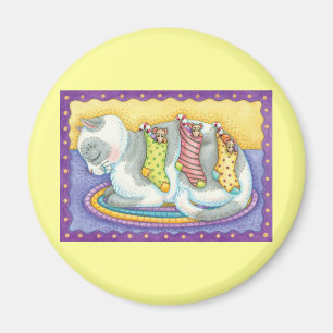 Cute Christmas Cat Sleeping with Mice in Stockings Magnet