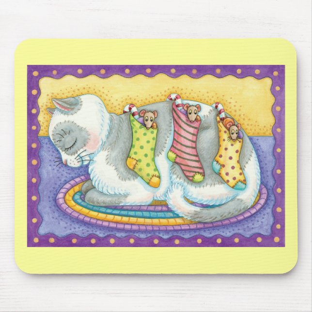 Cute Christmas Cat Sleeping with Mice in Stockings Mouse Pad (Front)