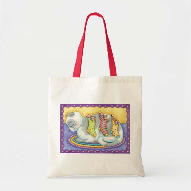 Cute Christmas Cat Sleeping with Mice in Stockings Tote Bag (Front)