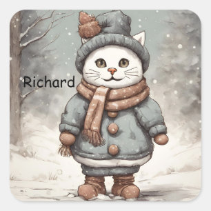 Cute Christmas Cat Snowman Watercolor Whimsical Square Sticker