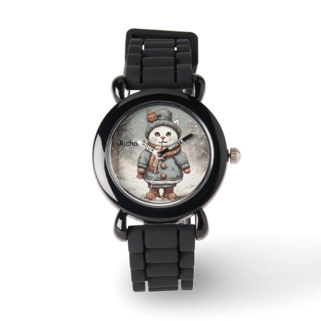 Cute Christmas Cat Snowman Watercolor Whimsical  Watch (Front)