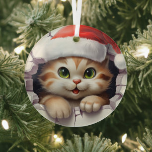 Cute Christmas cat through wall illustrated Glass Ornament