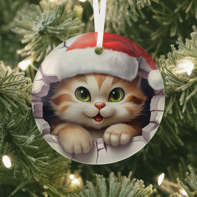 Cute Christmas cat through wall illustrated Glass Ornament (Insitu)
