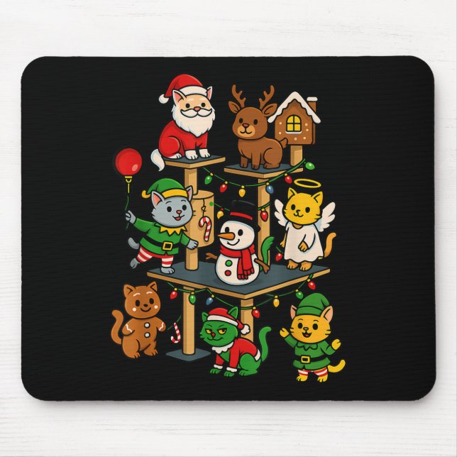 Cute Christmas Cat Tree Festive Holiday Design Kit Mouse Pad (Front)