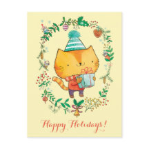 Cute Christmas cat with big gift box Postcard