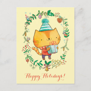 Cute Christmas cat with big gift box Postcard
