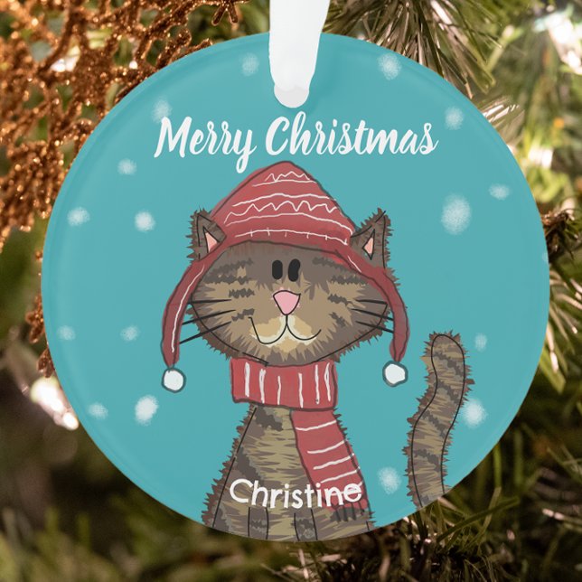 Cute Christmas Cat with Hat Holiday Custom  Ornament (Creator Uploaded)