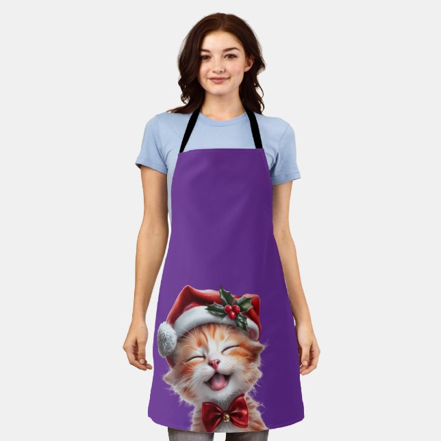 Cute Christmas Cat with Santa Hat and Bow Tie Apron (Worn)