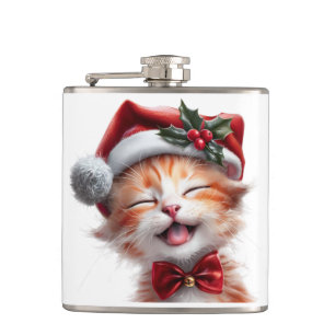 Cute Christmas Cat with Santa Hat and Bow Tie Hip Flask