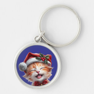 Cute Christmas Cat with Santa Hat and Bow Tie Keychain