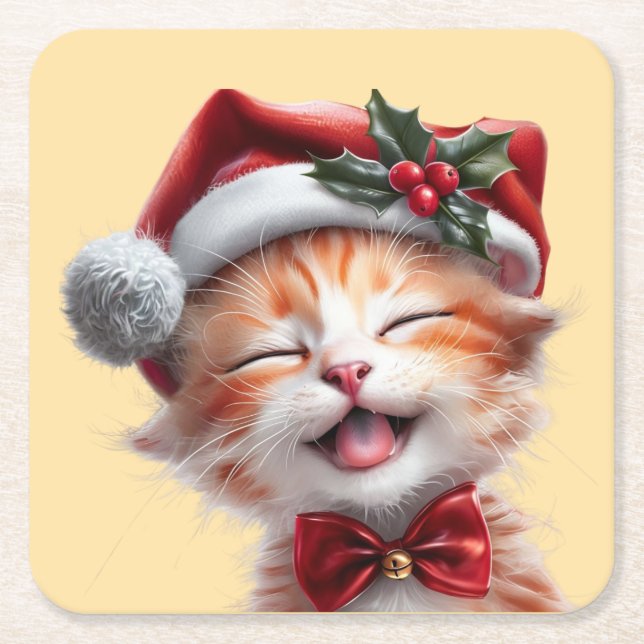 Cute Christmas Cat with Santa Hat and Bow Tie Square Paper Coaster (Front)